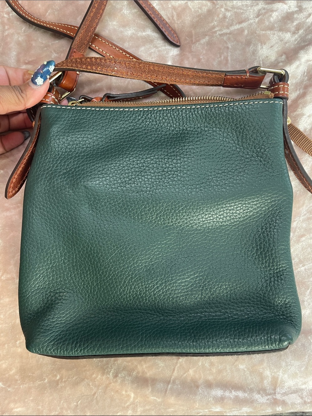 Dooney & Bourke Forest Green Pebble Leather Crossbody with Brown Trim - Picture 7 of 7